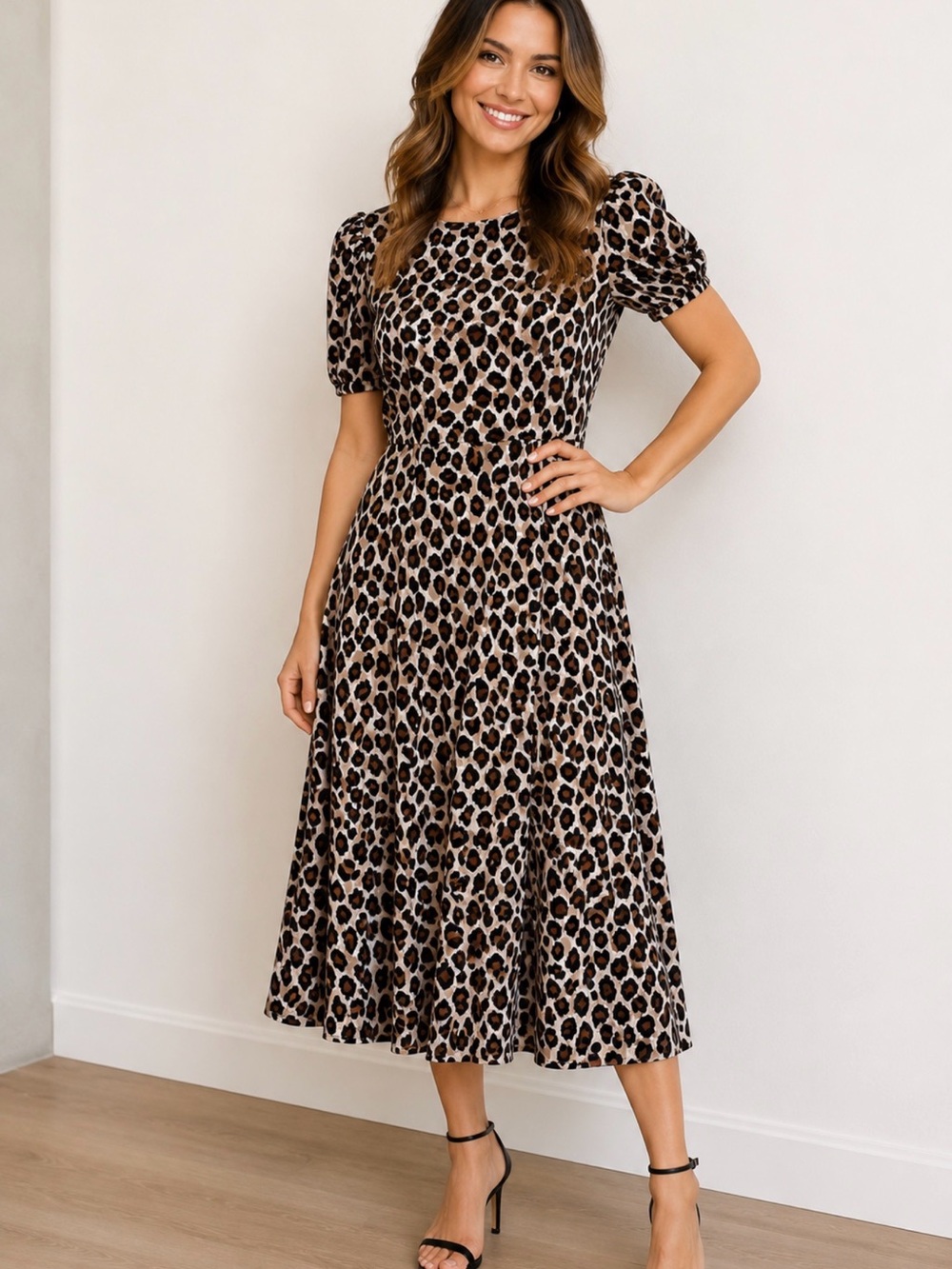 Eliza J Leopard Print Midi Dress Brown/Black womans size 0 chic cocktail dress